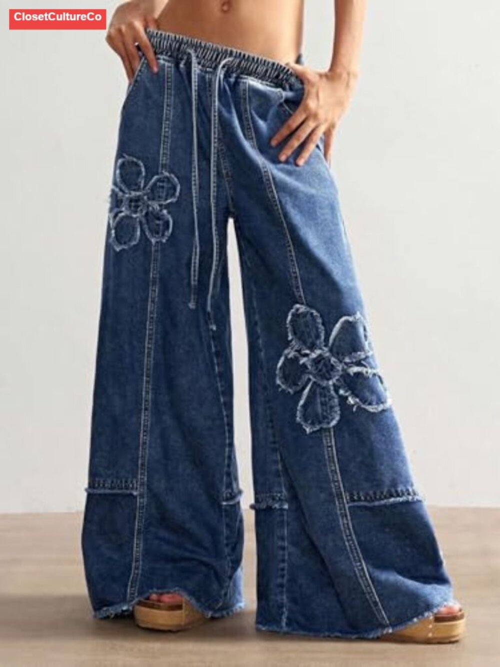 Baggy Wide Leg Jeans Women Drawstring High Waisted Distressed Denim Pants - Picture 3 of 6